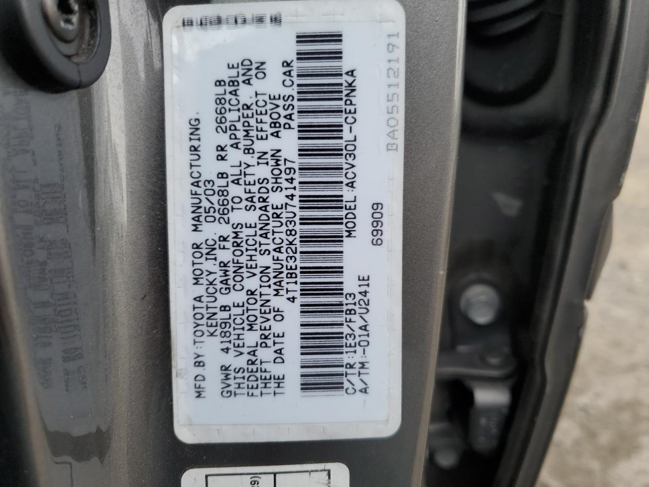 2003 Toyota Camry Le VIN: 4T1BE32K83U741497 Lot: 59956034