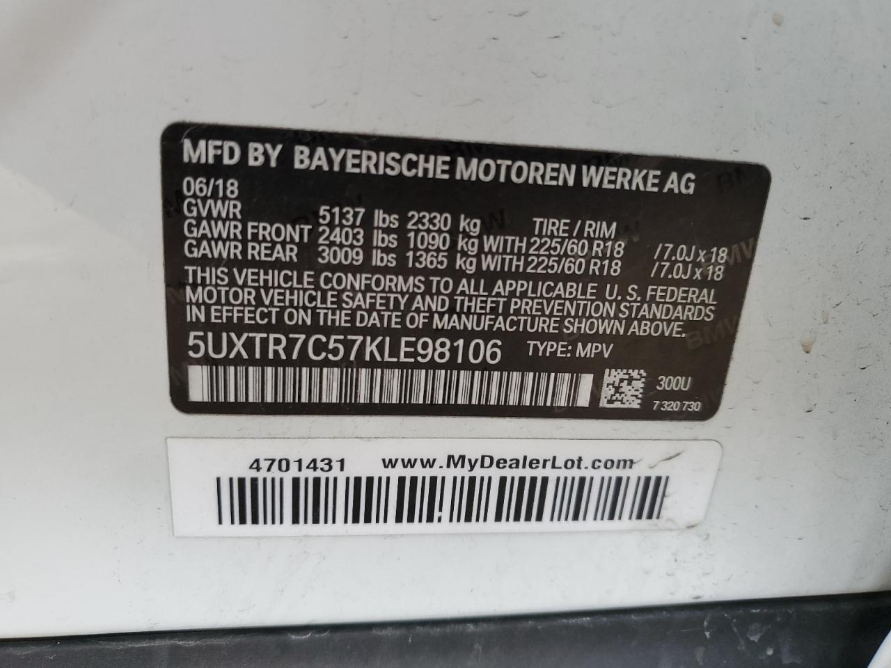 5UXTR7C57KLE98106 2019 BMW X3 Sdrive30I