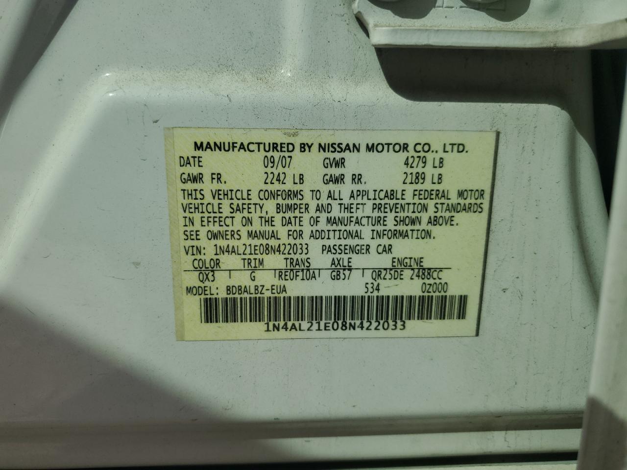 1N4AL21E08N422033 2008 Nissan Altima 2.5