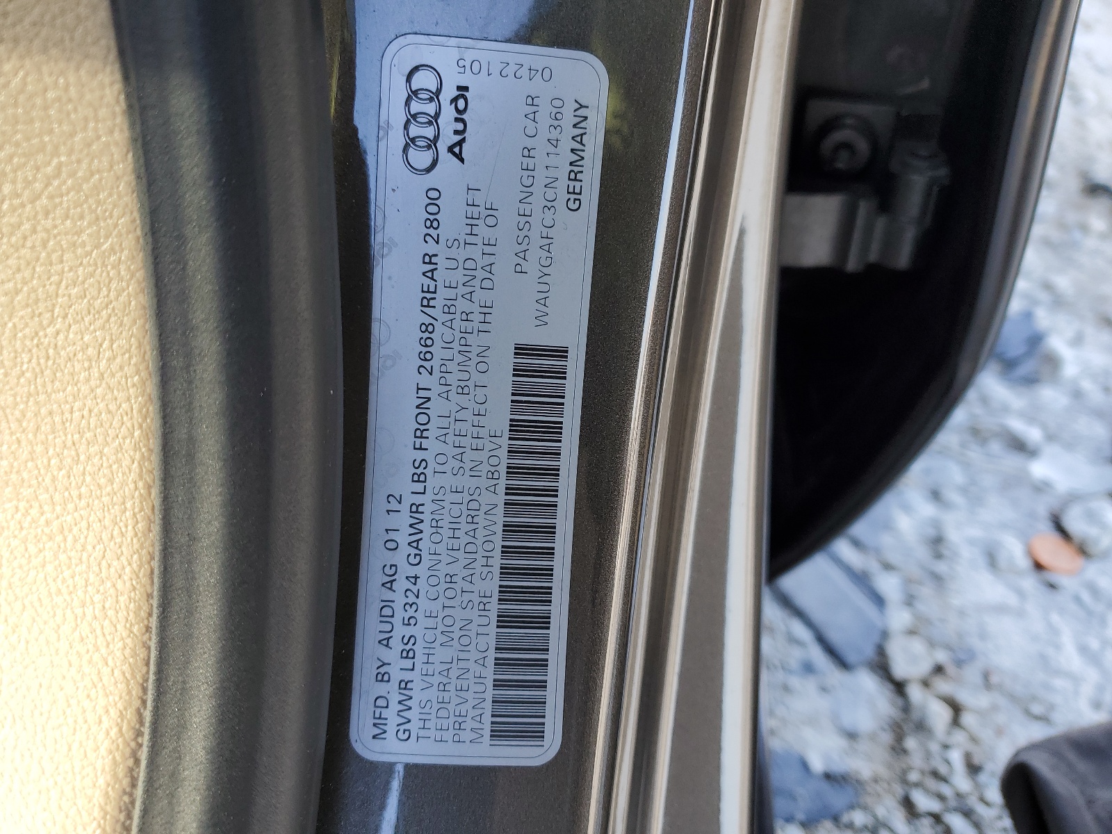 WAUYGAFC3CN114360 2012 Audi A7 Premium Plus