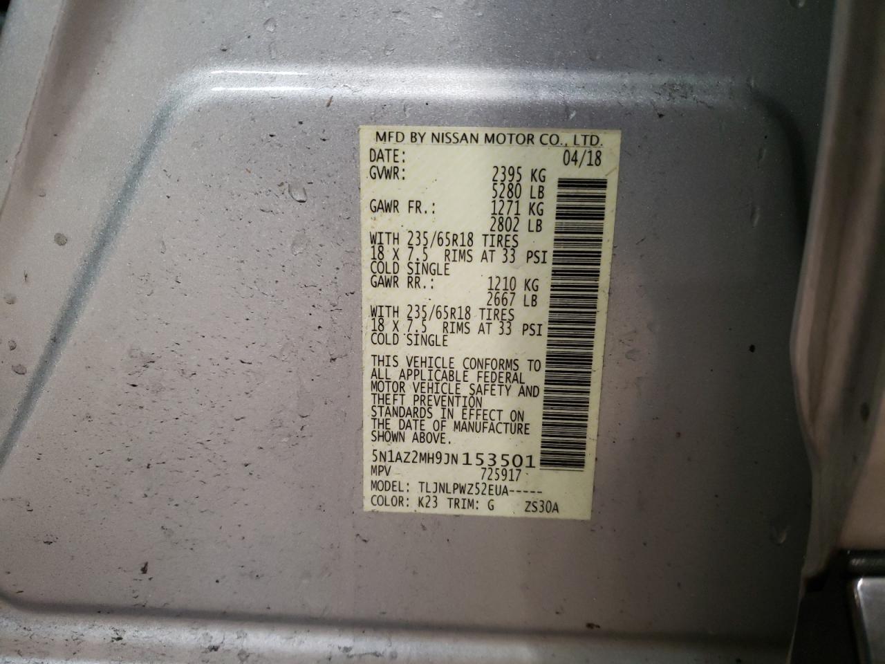 5N1AZ2MH9JN153501 2018 Nissan Murano S