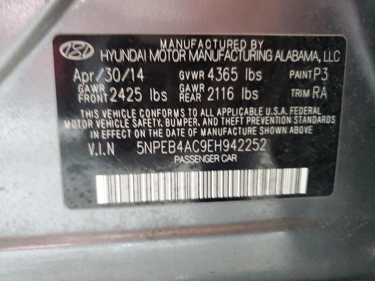 2014 Hyundai Sonata Gls VIN: 5NPEB4AC9EH942252 Lot: 61526604