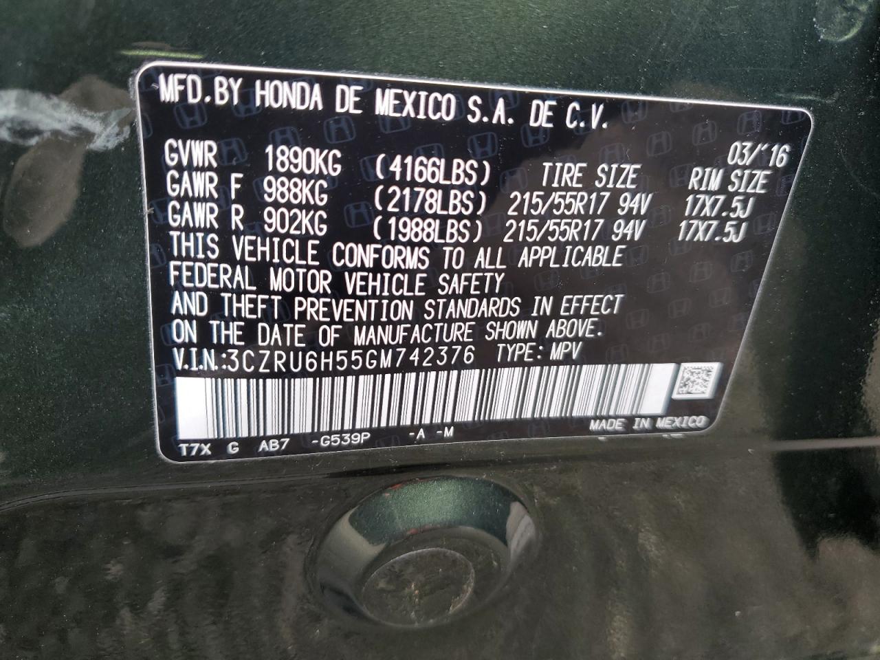 2016 Honda Hr-V Ex VIN: 3CZRU6H55GM742376 Lot: 48419294