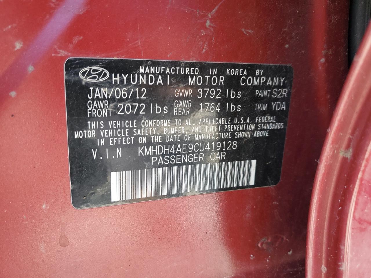 2012 Hyundai Elantra Gls VIN: KMHDH4AE9CU419128 Lot: 44873074