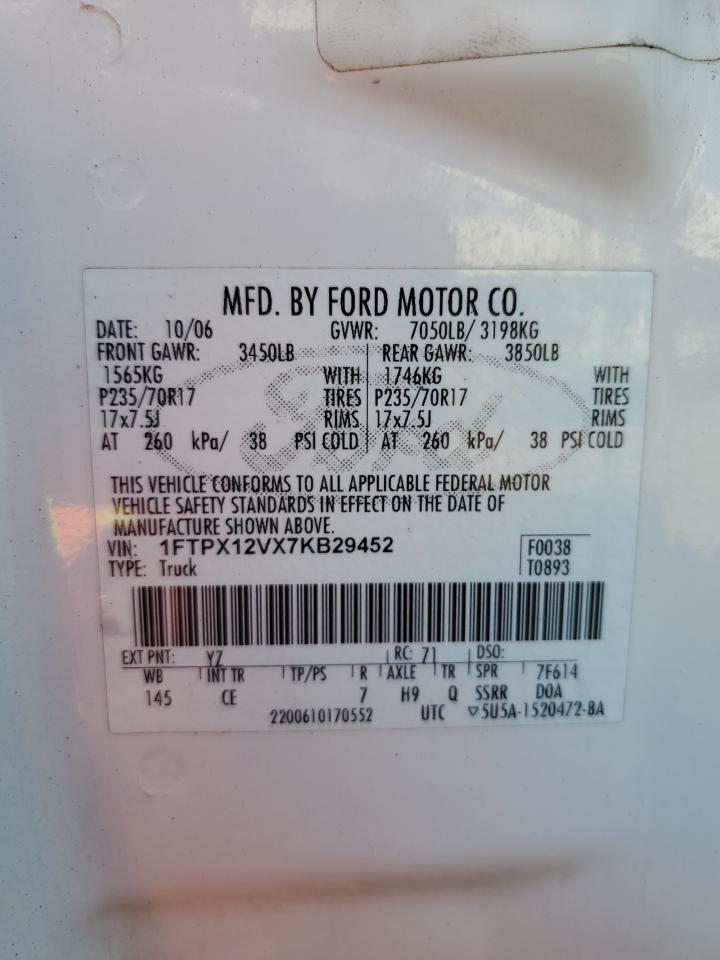 2007 Ford F150 VIN: 1FTPX12VX7KB29452 Lot: 45429504