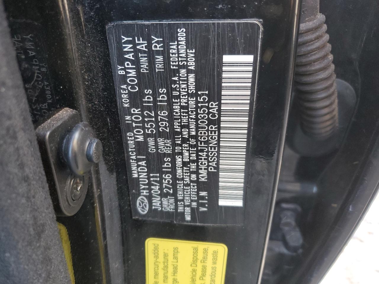 2011 Hyundai Equus Signature VIN: KMHGH4JF6BU035151 Lot: 46380624