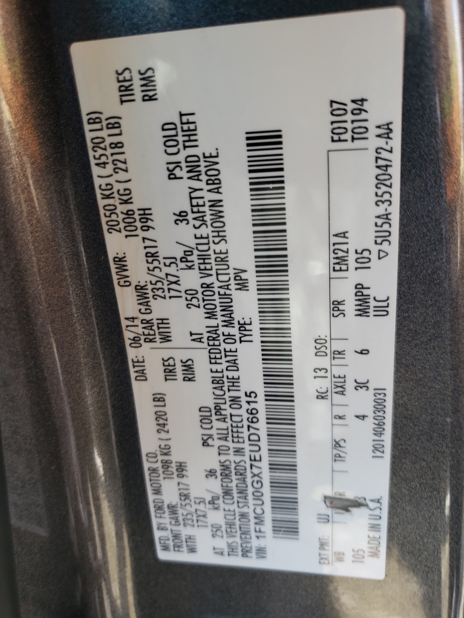 1FMCU0GX7EUD76615 2014 Ford Escape Se