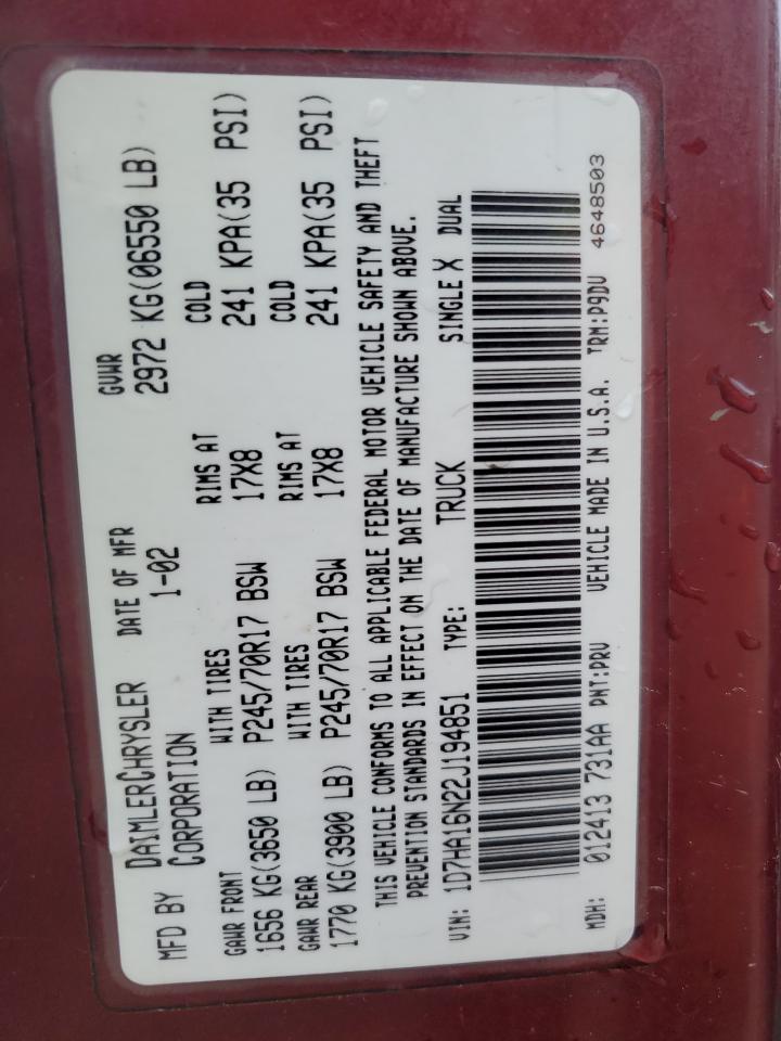 2002 Dodge Ram 1500 VIN: 1D7HA16N22J194851 Lot: 83075774