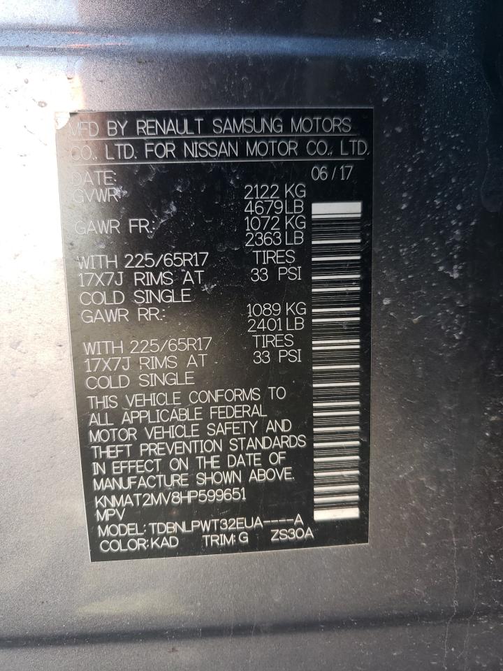 2017 Nissan Rogue S VIN: KNMAT2MV8HP599651 Lot: 64931514