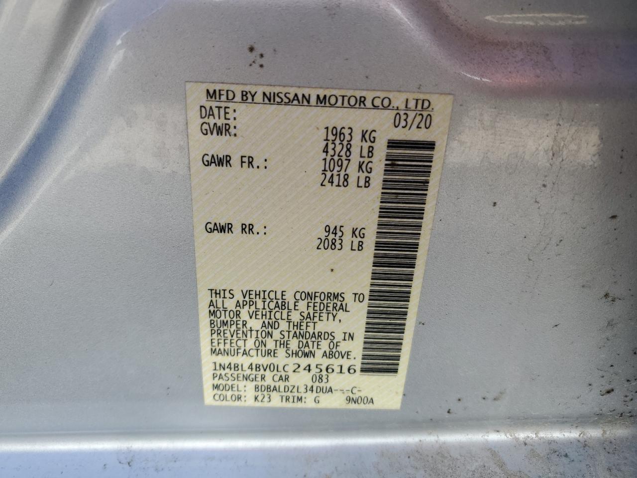 2020 Nissan Altima S VIN: 1N4BL4BV0LC245616 Lot: 46997744