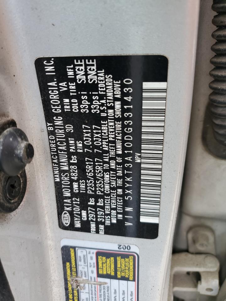 2013 Kia Sorento Lx VIN: 5XYKT3A10DG331430 Lot: 47867794