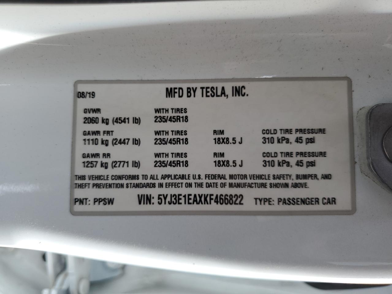 5YJ3E1EAXKF466822 2019 Tesla Model 3