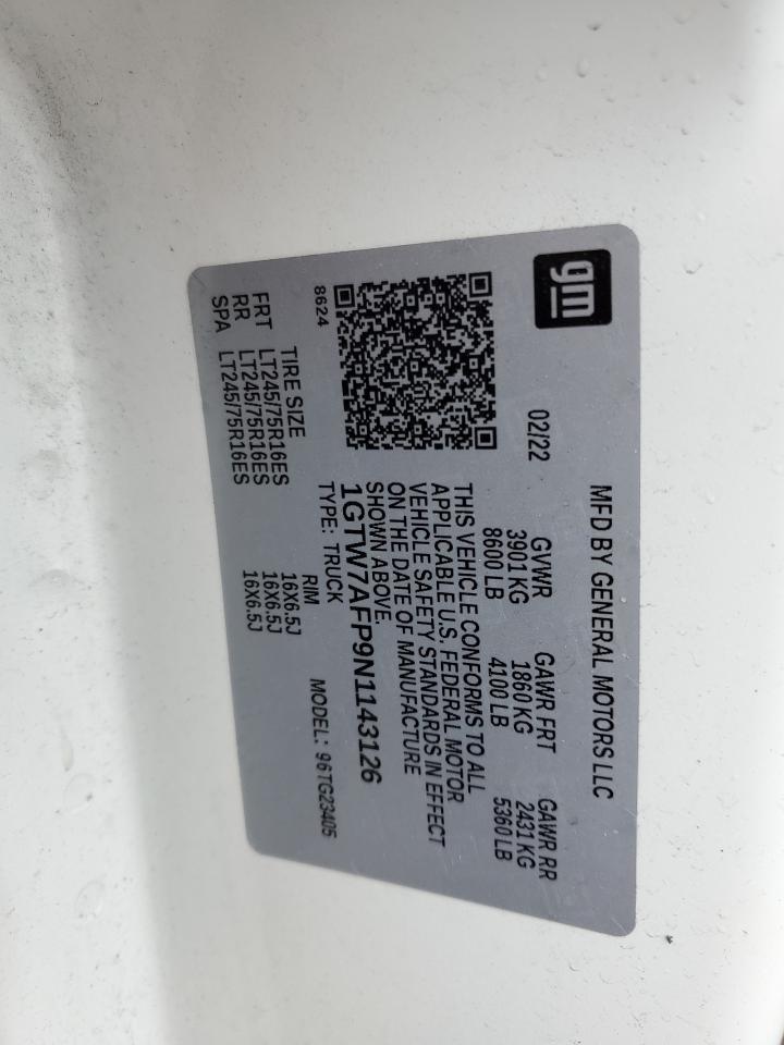 2022 GMC Savana G2500 VIN: 1GTW7AFP9N1143126 Lot: 48112264