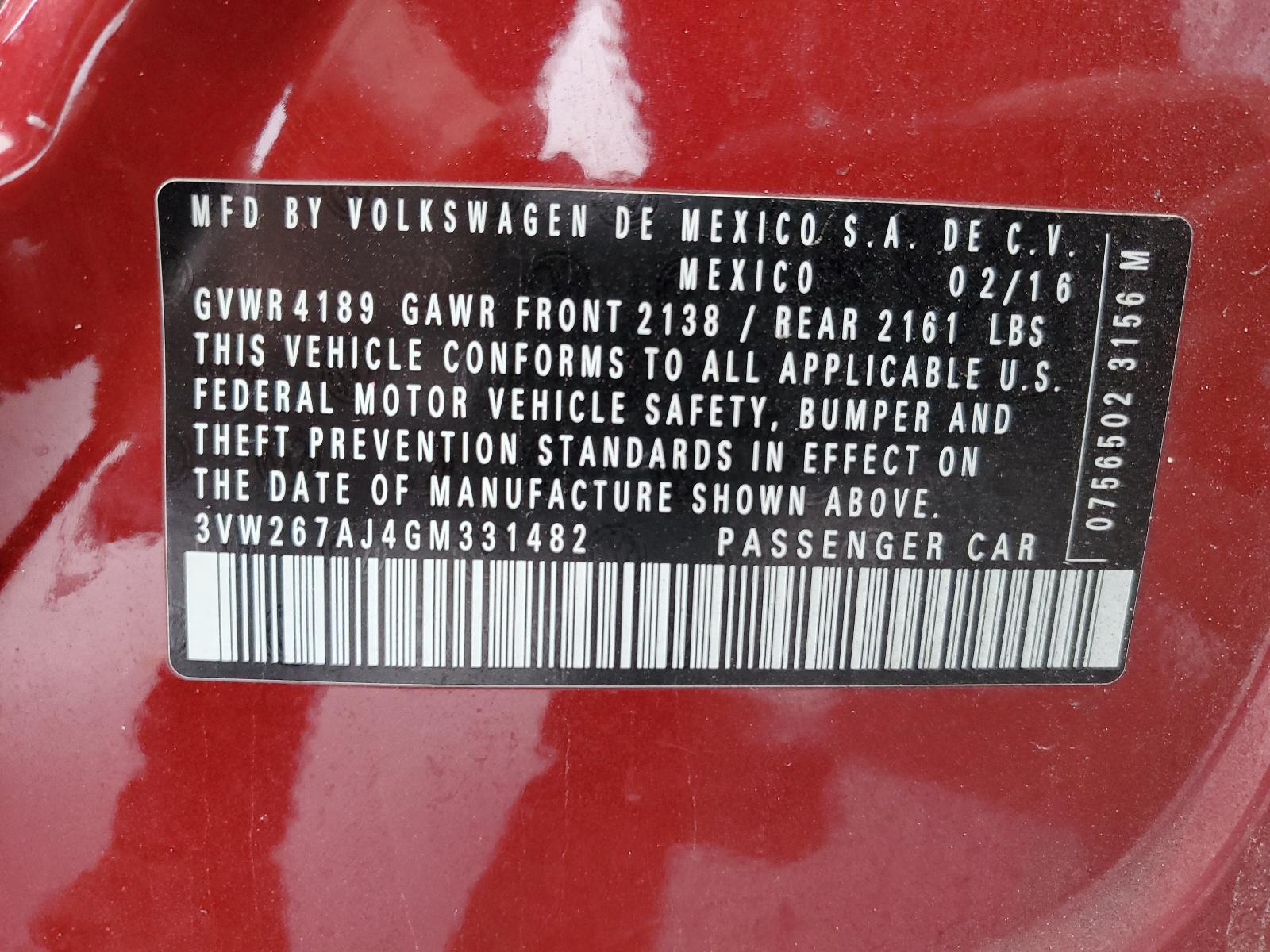 3VW267AJ4GM331482 2016 Volkswagen Jetta S