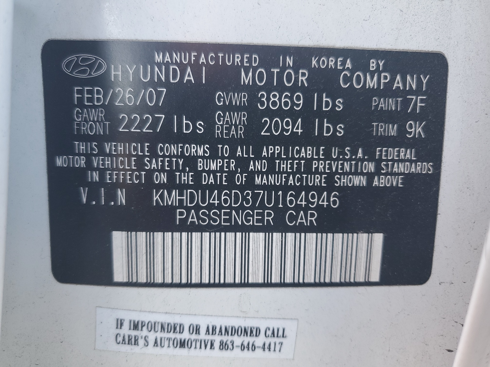 KMHDU46D37U164946 2007 Hyundai Elantra Gls