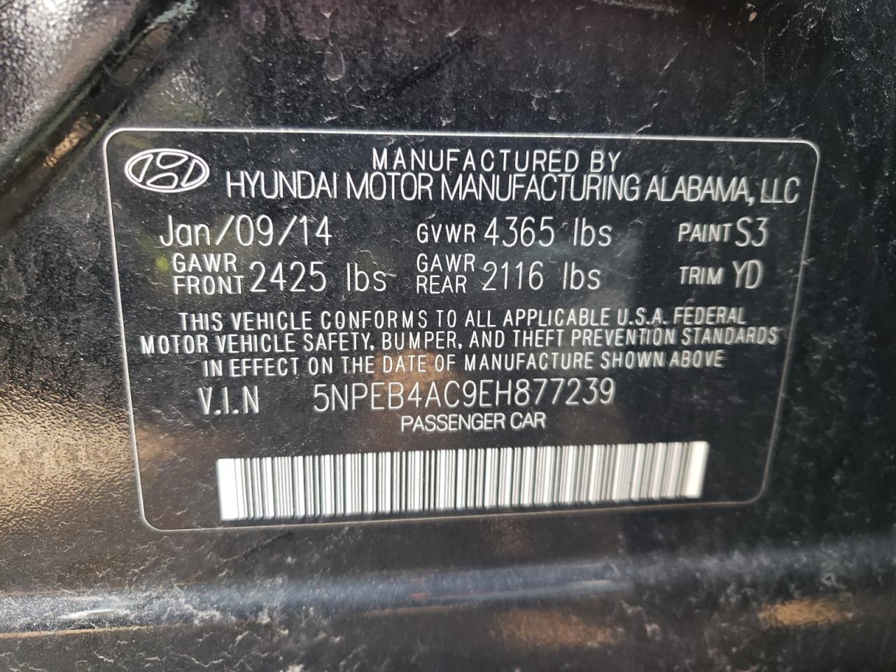 5NPEB4AC9EH877239 2014 Hyundai Sonata Gls