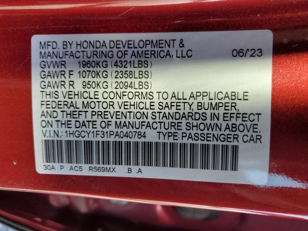 2023 Honda Accord Ex VIN: 1HGCY1F31PA040784 Lot: 47080034