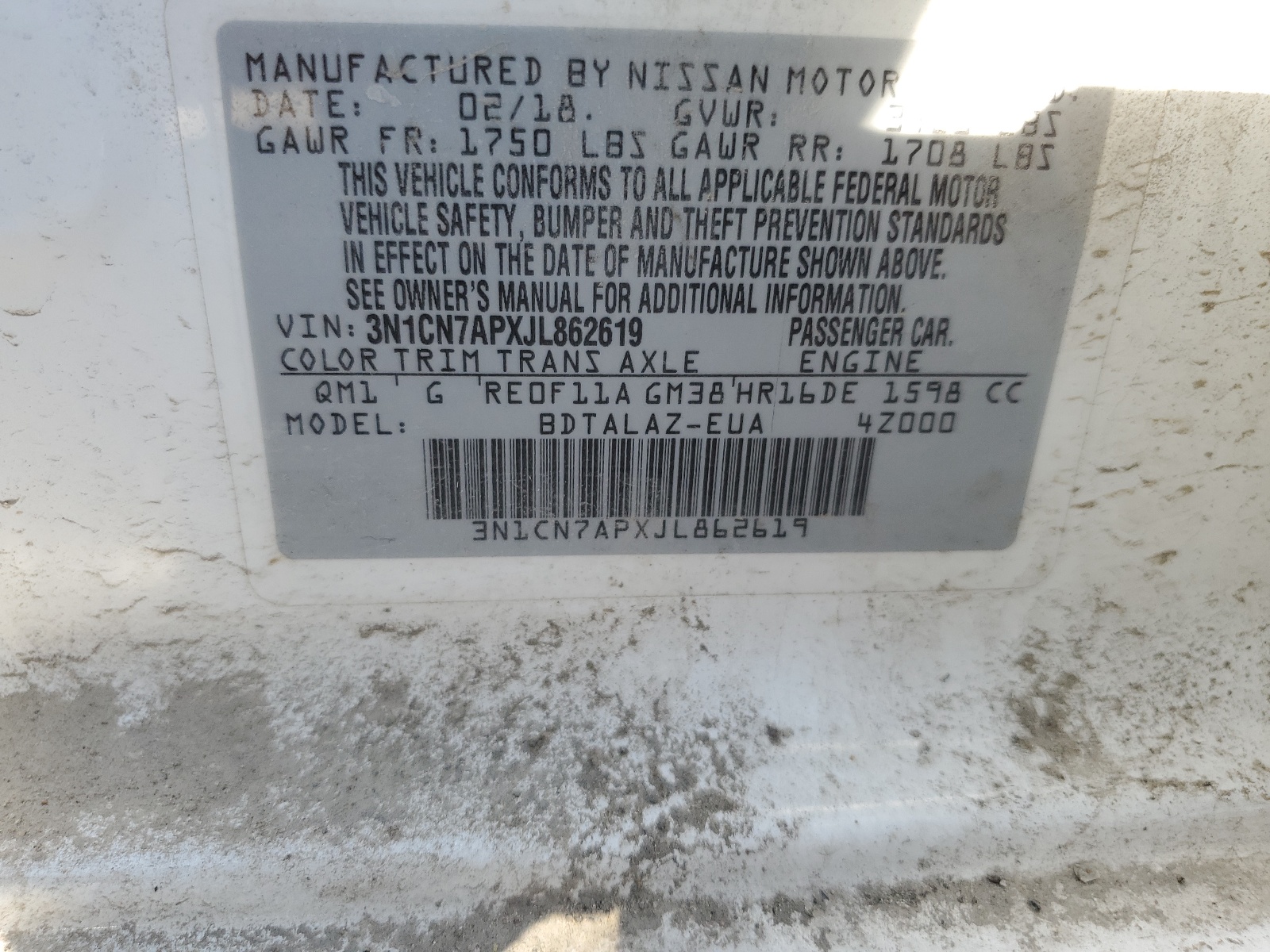 3N1CN7APXJL862619 2018 Nissan Versa S