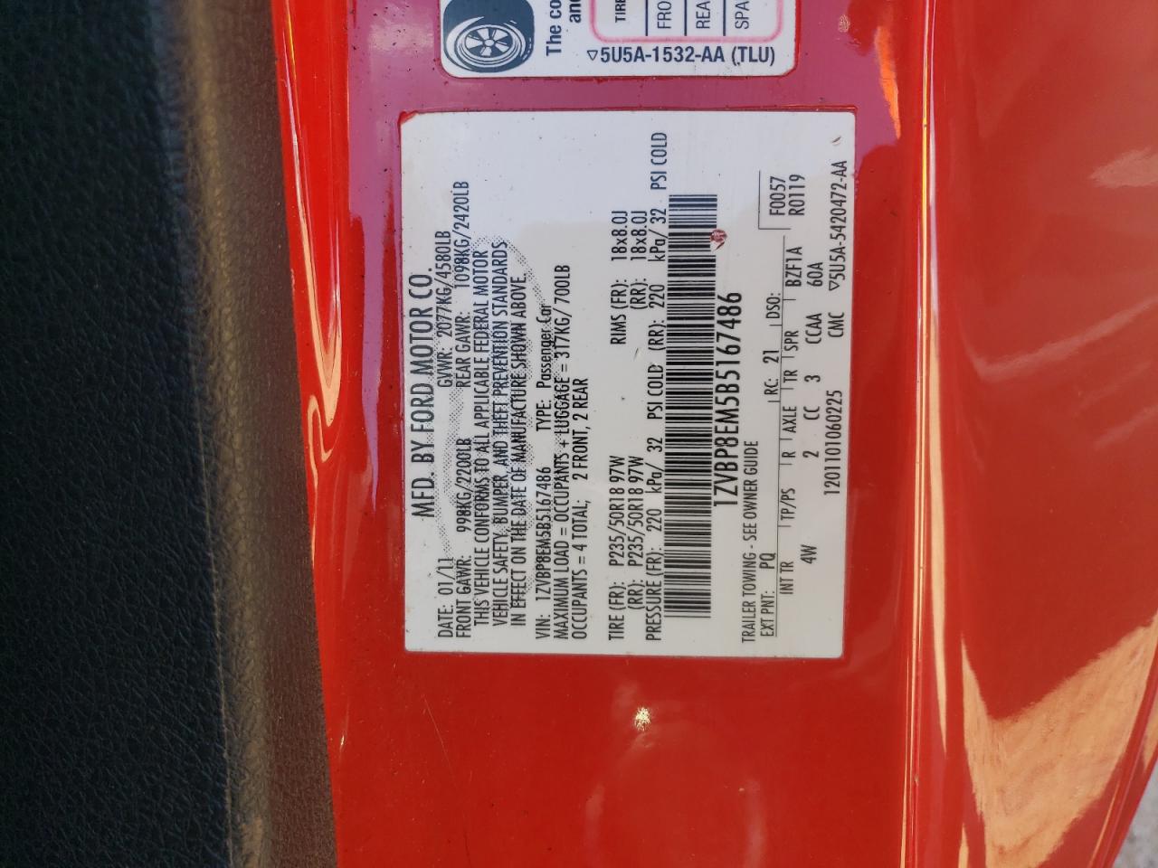 2011 Ford Mustang VIN: 1ZVBP8EM5B5167486 Lot: 46419684