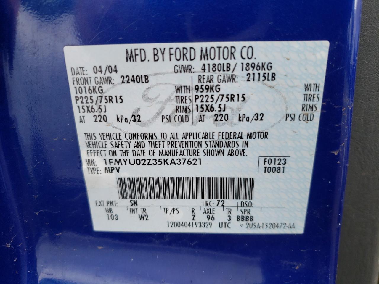 2005 Ford Escape Xls VIN: 1FMYU02Z35KA37621 Lot: 44817004