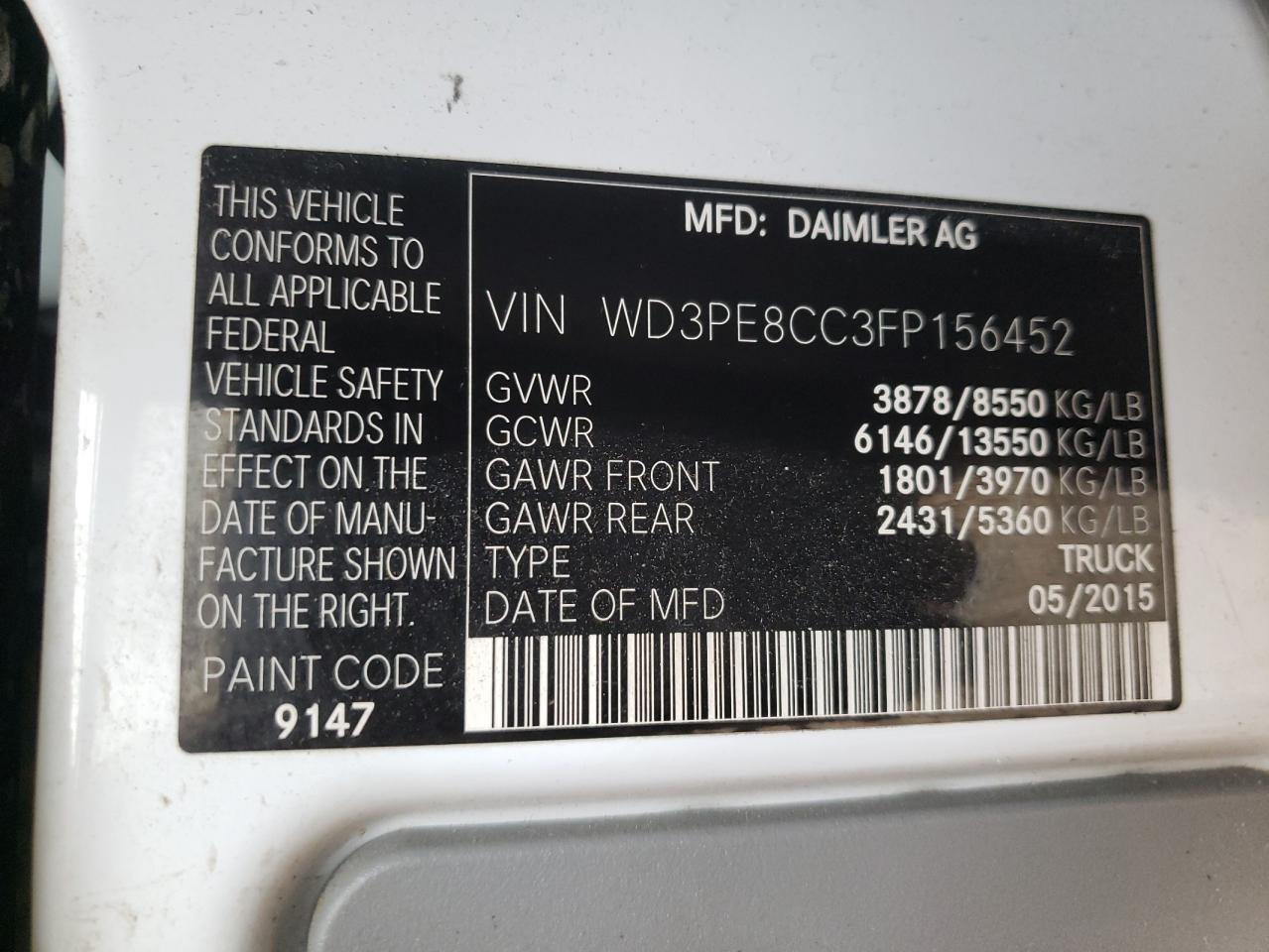 VIN WD3PE8CC3FP156452 2015 MERCEDES-BENZ SPRINTER no.13