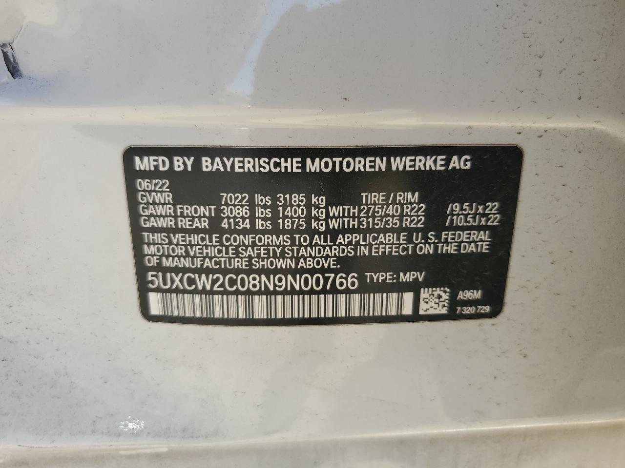 5UXCW2C08N9N00766 2022 BMW X7 xDrive40I