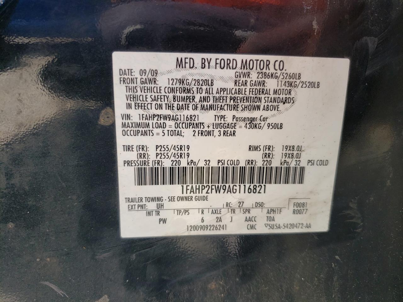 2010 Ford Taurus Limited VIN: 1FAHP2FW9AG116821 Lot: 47679094