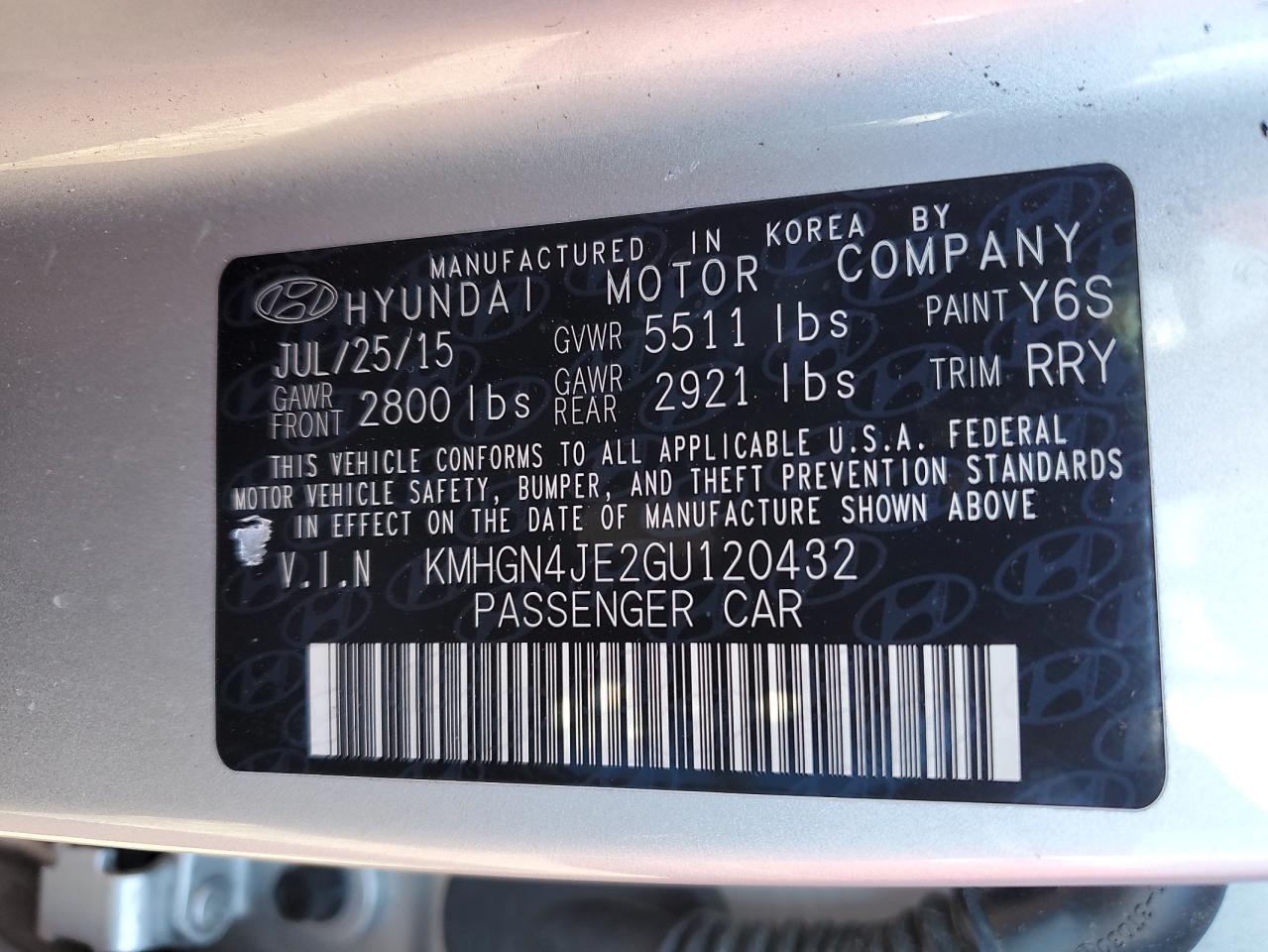 KMHGN4JE2GU120432 2016 Hyundai Genesis 3.8L