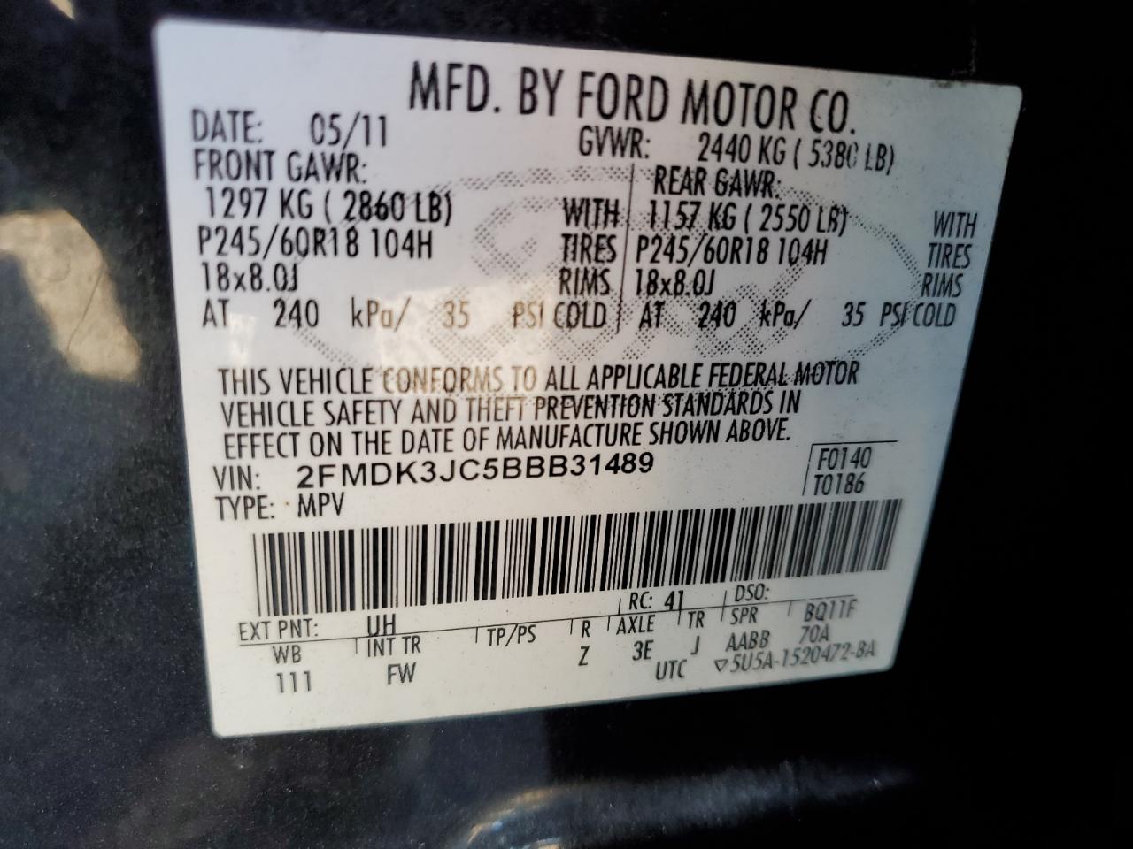 2011 Ford Edge Sel VIN: 2FMDK3JC5BBB31489 Lot: 65467044