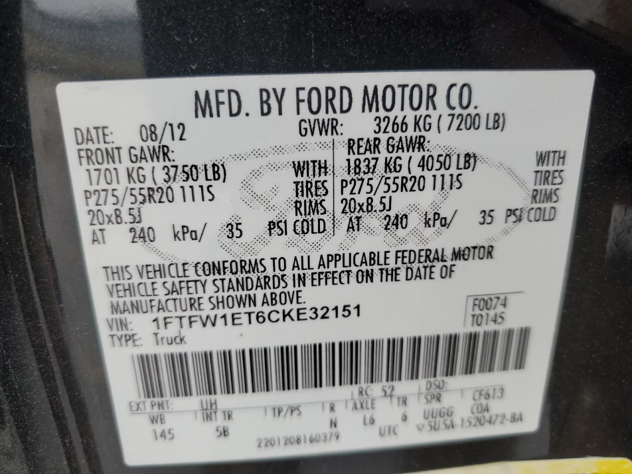 2012 Ford F150 Supercrew VIN: 1FTFW1ET6CKE32151 Lot: 47871924