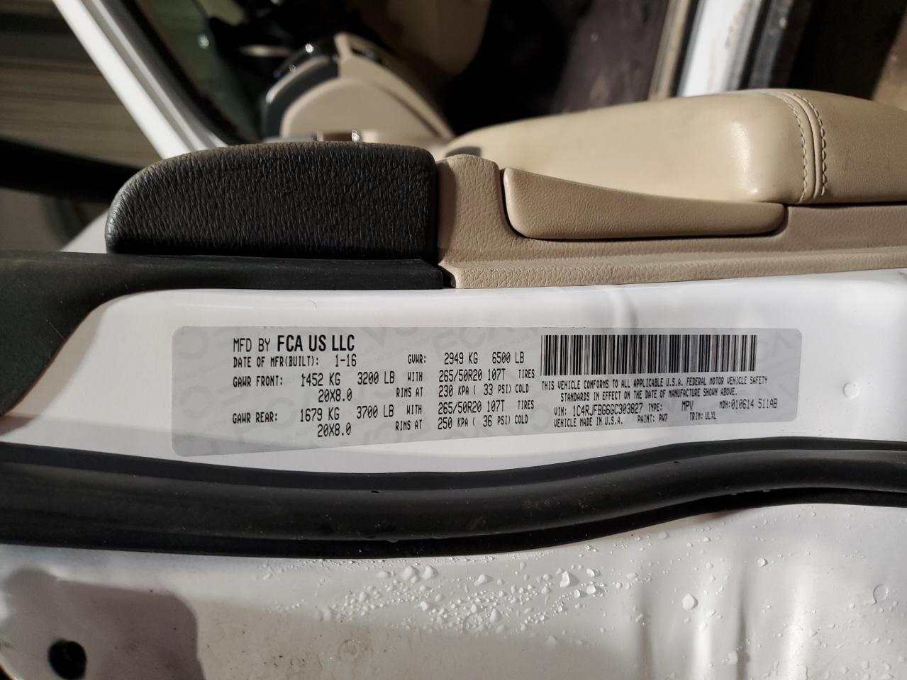 2016 Jeep Grand Cherokee Limited VIN: 1C4RJFBG6GC303827 Lot: 80748445