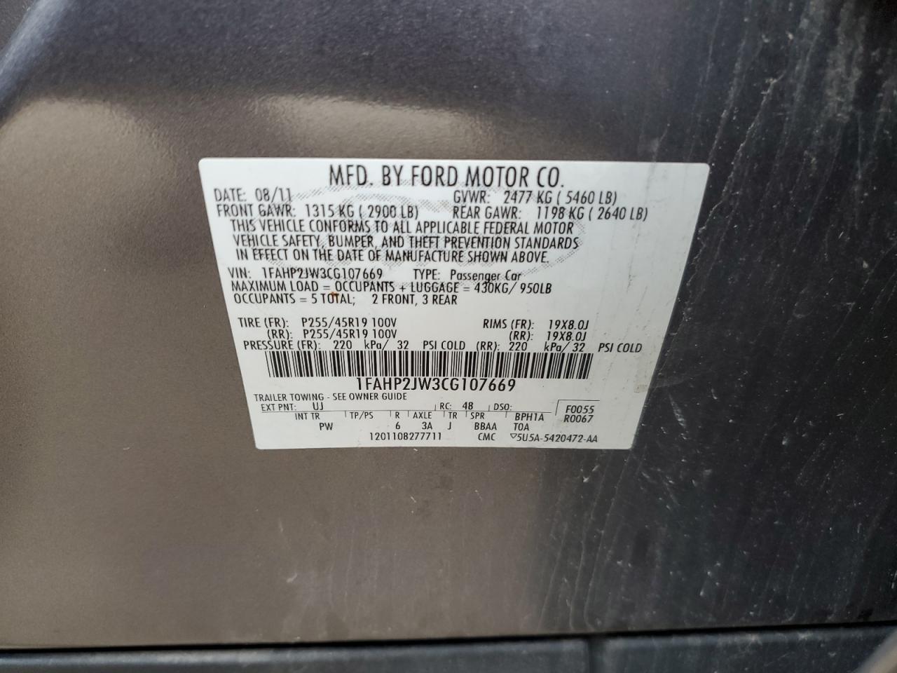 2012 Ford Taurus Limited VIN: 1FAHP2JW3CG107669 Lot: 81885073