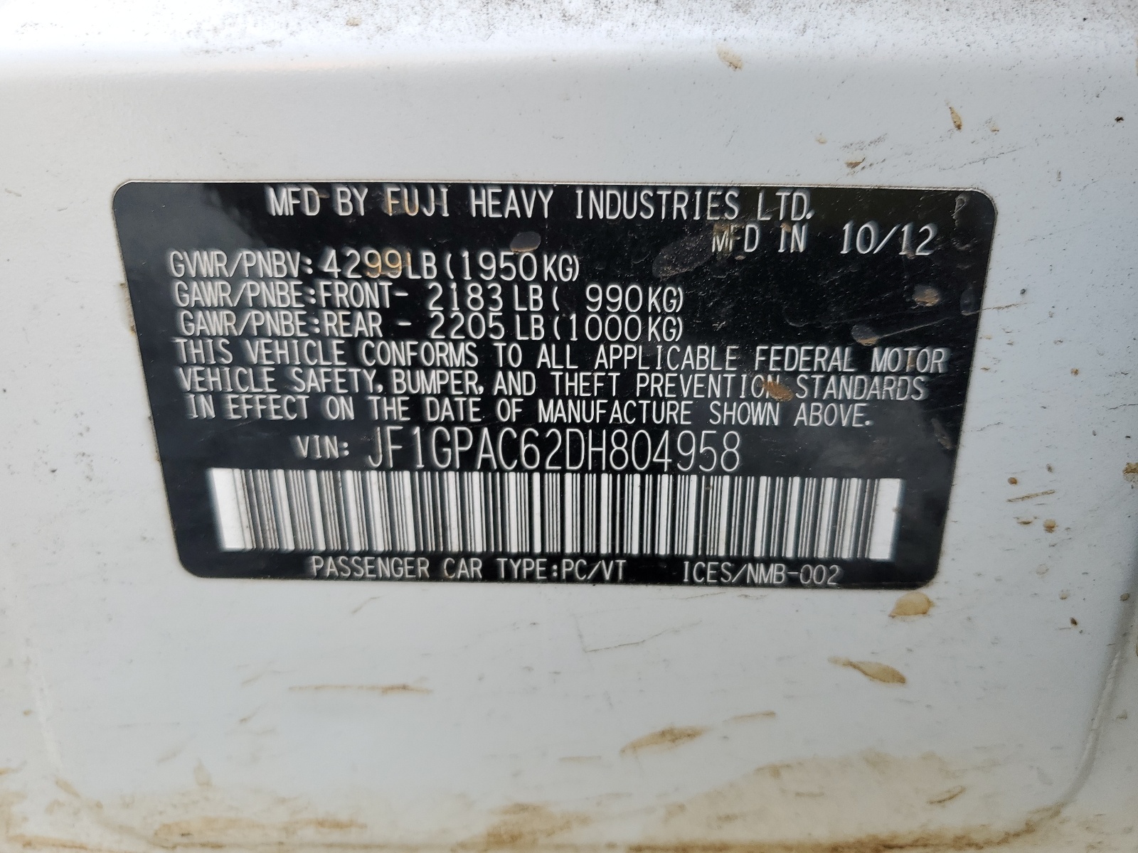 JF1GPAC62DH804958 2013 Subaru Impreza Premium