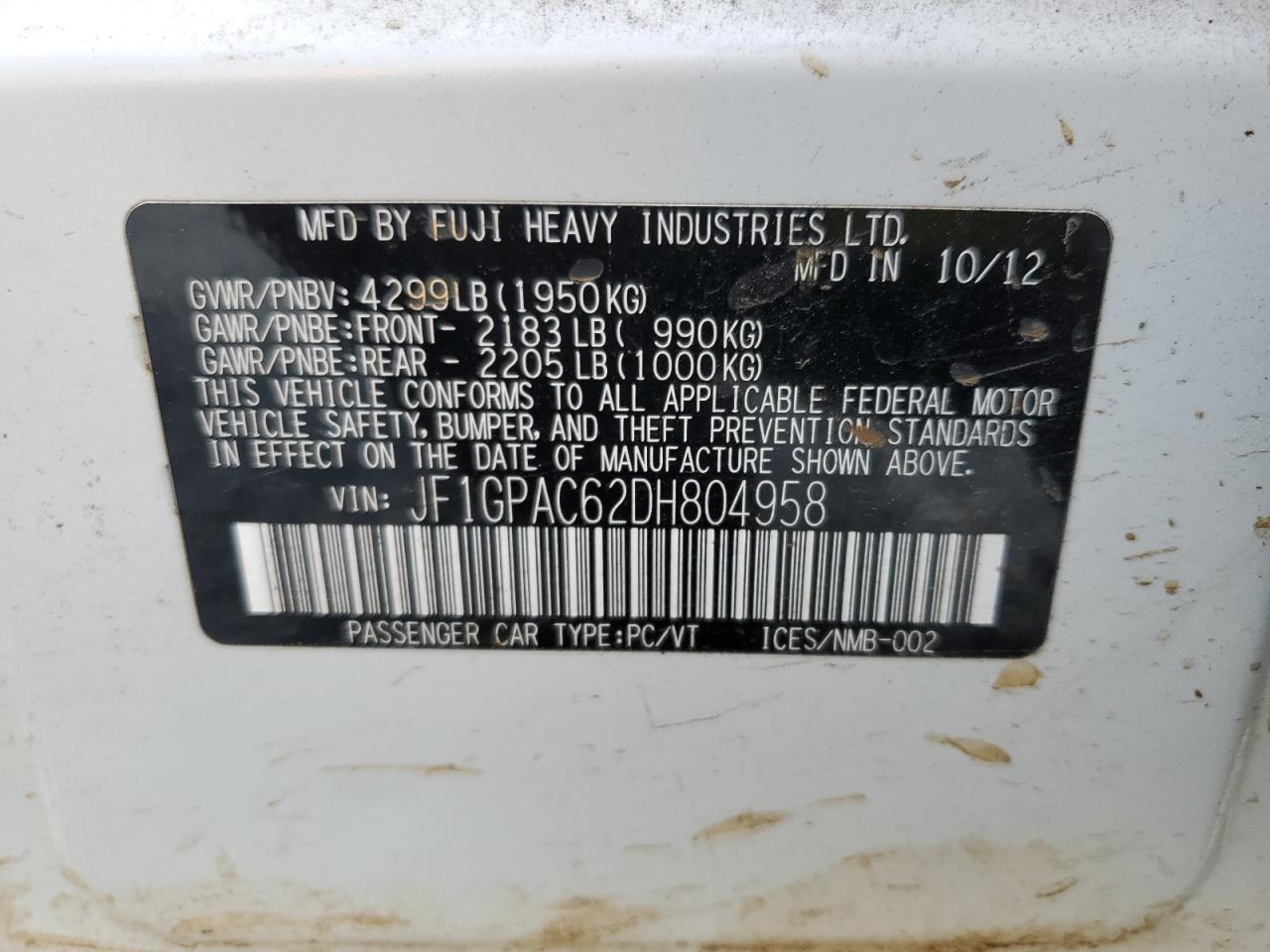 2013 Subaru Impreza Premium VIN: JF1GPAC62DH804958 Lot: 46689654