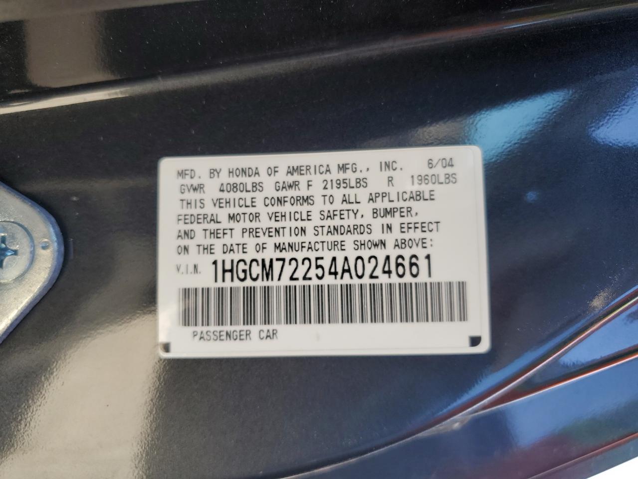 1HGCM72254A024661 2004 Honda Accord Lx