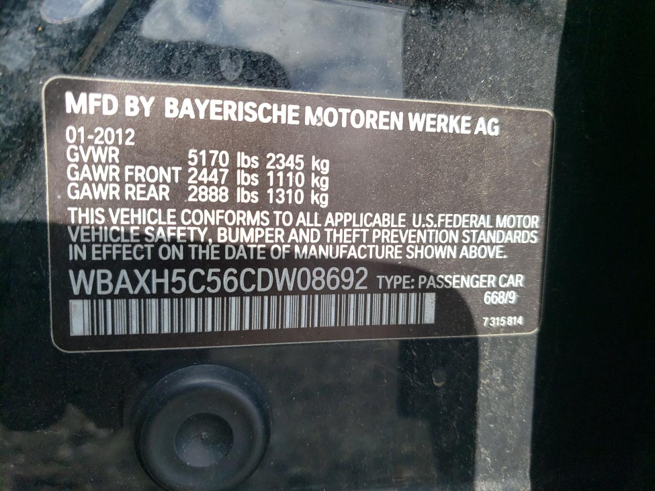 2012 BMW 528 Xi VIN: WBAXH5C56CDW08692 Lot: 47694534