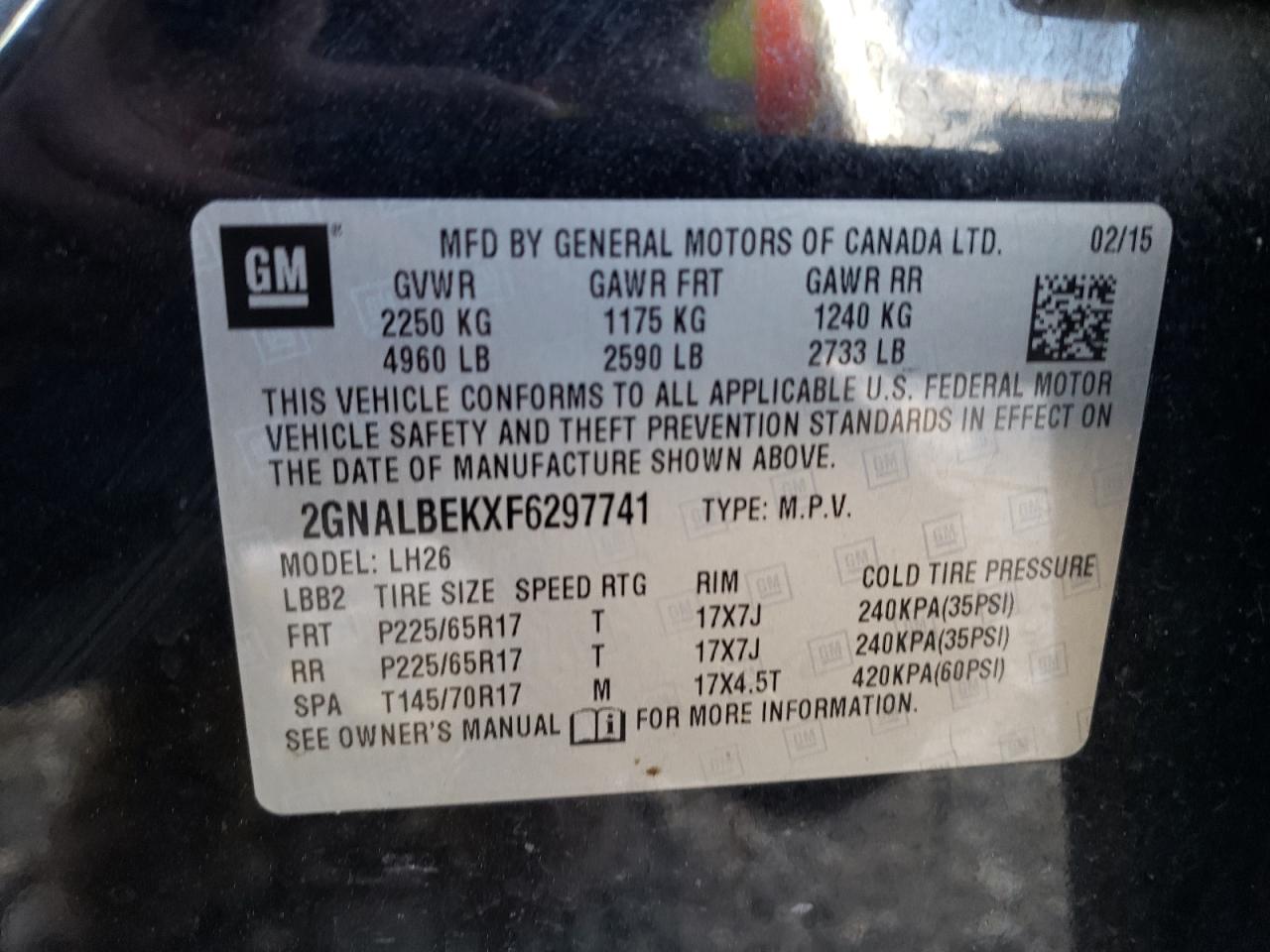 2GNALBEKXF6297741 2015 Chevrolet Equinox Lt