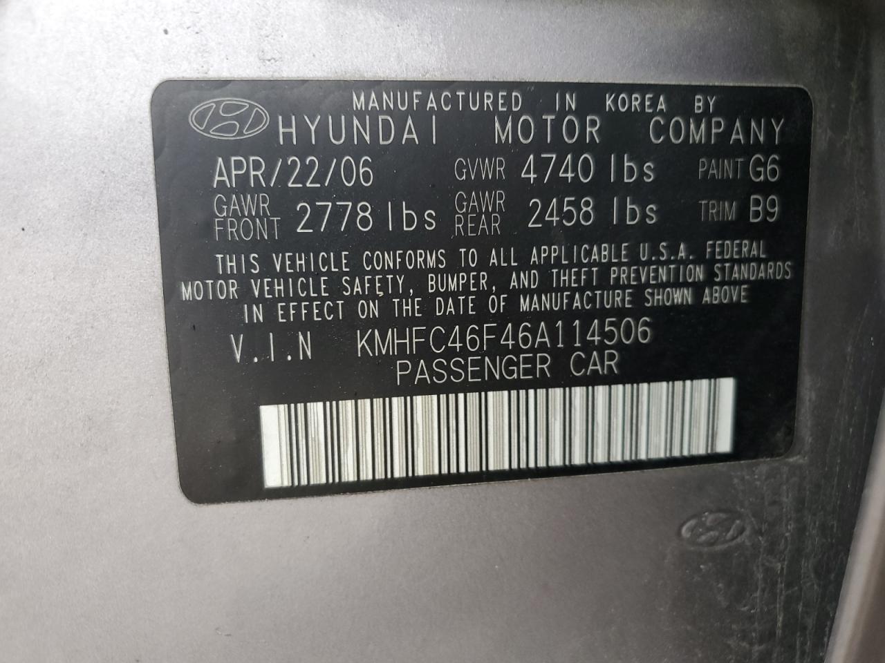 2006 Hyundai Azera Se VIN: KMHFC46F46A114506 Lot: 46059854