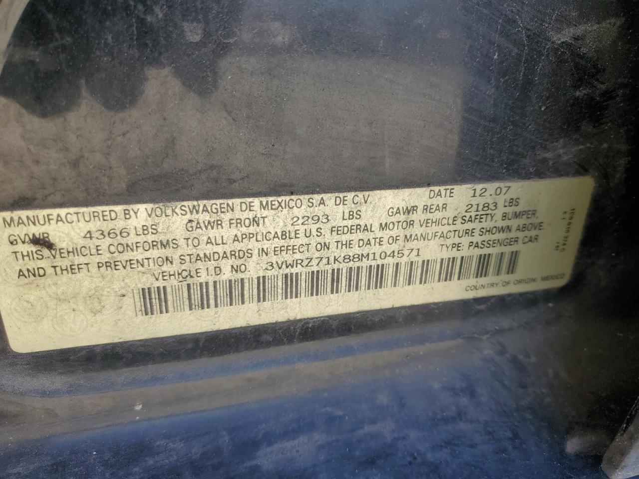 2008 Volkswagen Jetta Se VIN: 3VWRZ71K88M104571 Lot: 47820064