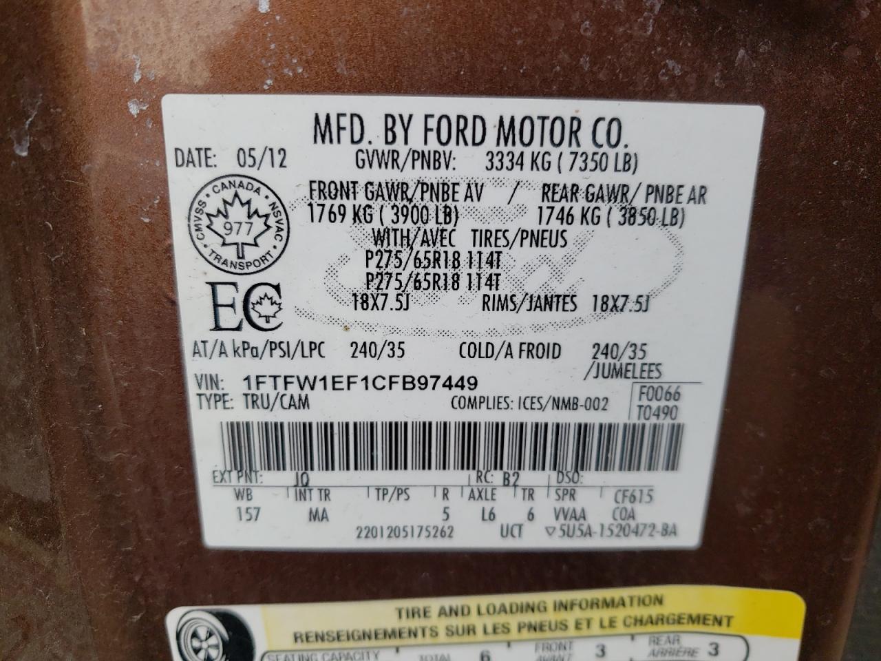 2012 Ford F150 Supercrew VIN: 1FTFW1EF1CFB97449 Lot: 82976884