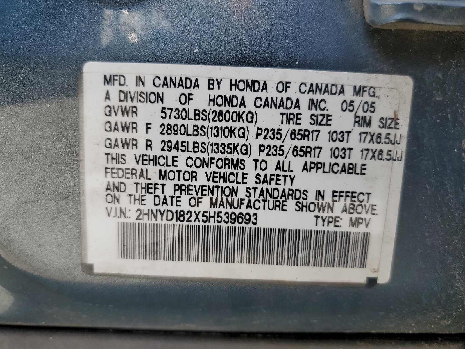 2HNYD182X5H539693 2005 Acura Mdx