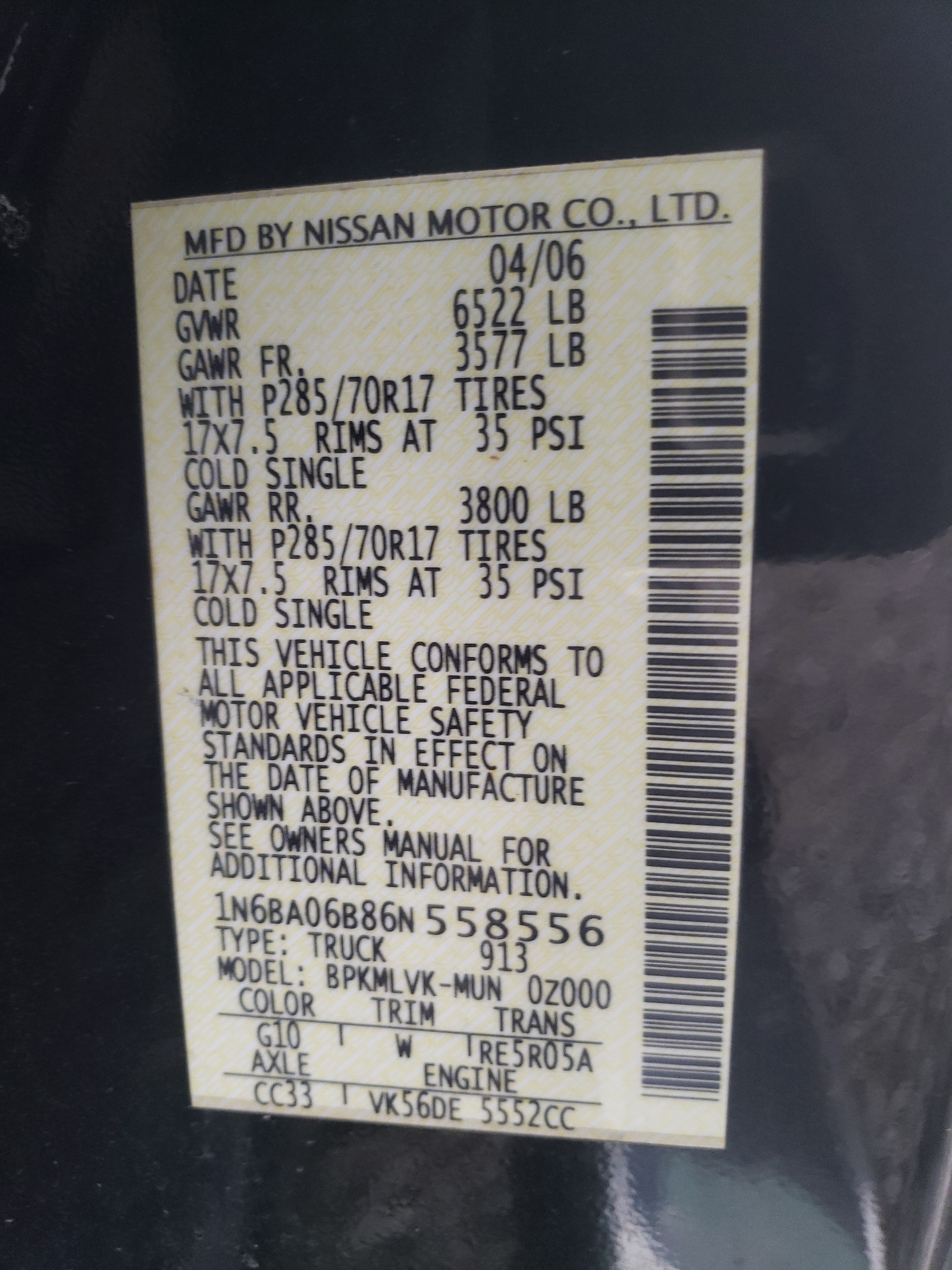 1N6BA06B86N558556 2006 Nissan Titan Xe