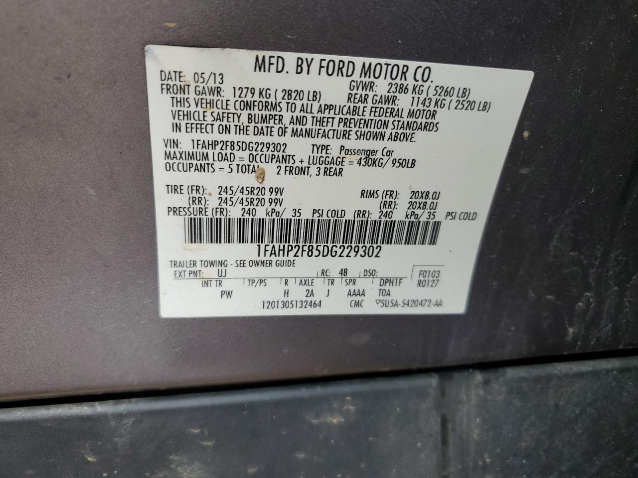 2013 Ford Taurus Limited VIN: 1FAHP2F85DG229302 Lot: 45657384