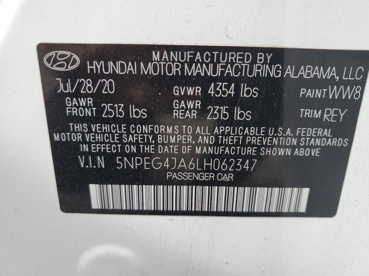 5NPEG4JA6LH062347 2020 Hyundai Sonata Se