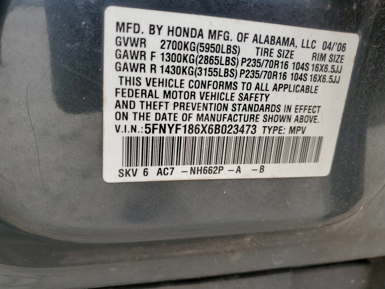 5FNYF186X6B023473 2006 Honda Pilot Ex