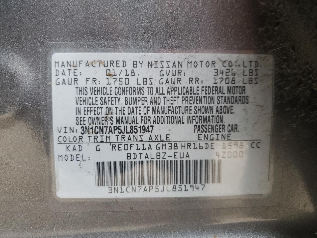 3N1CN7AP5JL851947 2018 Nissan Versa S 3N1CN7AP5JL851947 2018 Nissan Versa S