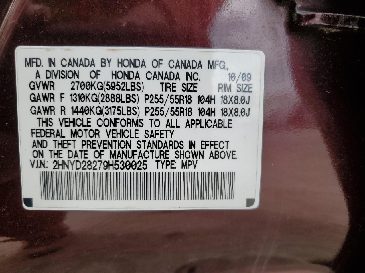 2009 Acura Mdx VIN: 2HNYD28279H530025 Lot: 47156754