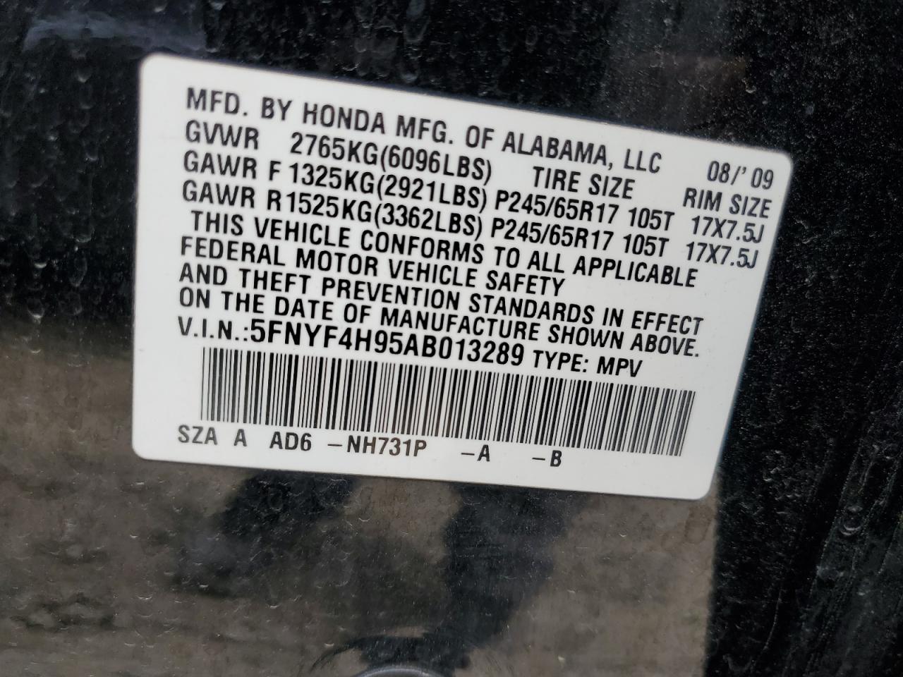 5FNYF4H95AB013289 2010 Honda Pilot Touring