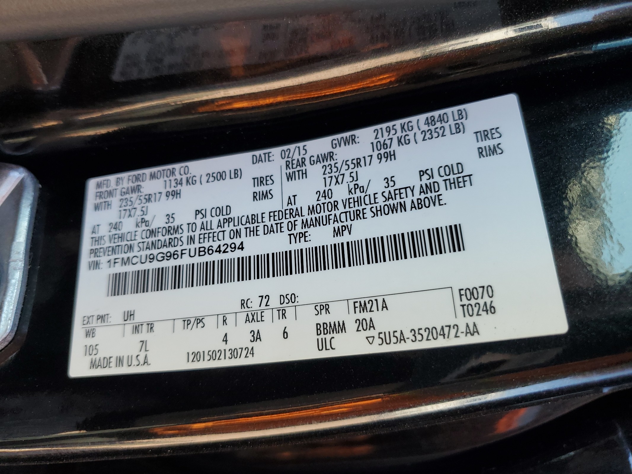 1FMCU9G96FUB64294 2015 Ford Escape Se