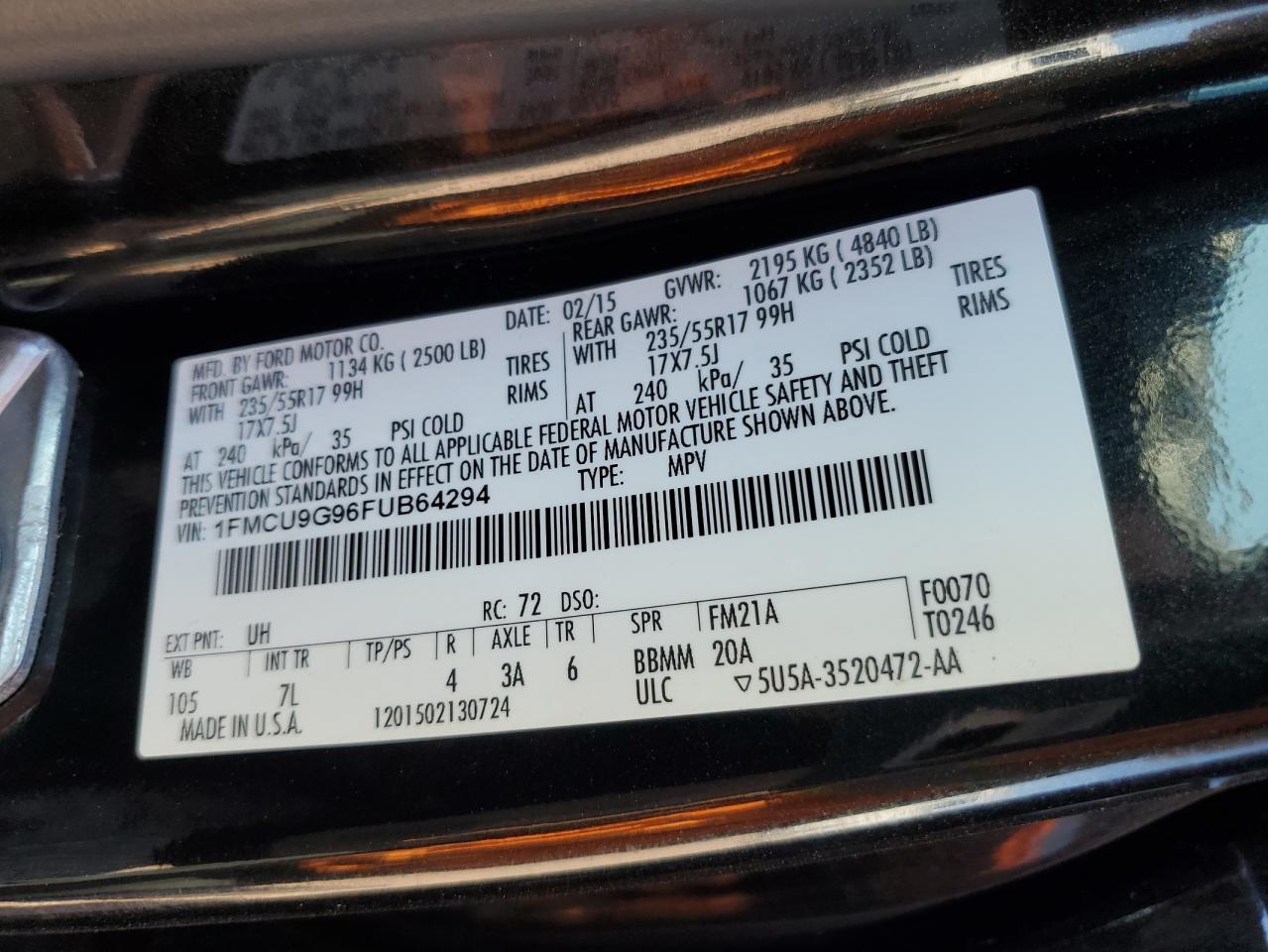 2015 Ford Escape Se VIN: 1FMCU9G96FUB64294 Lot: 48177214